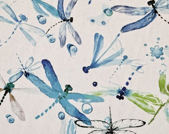 Fabric Cotton "Fireflies & Waterdrops" Dragonflies blue green Watercolor Digital printing Linen look