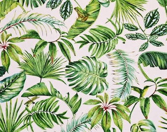 Fabric by the meter Cotton easy to clean white green "Botanical" Leaves and animals