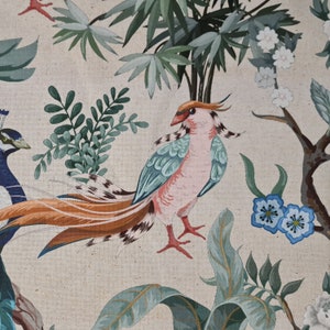 Pu&ograve; includere: Un dipinto colorato di un pavone e un fagiano su uno sfondo beige. Il pavone &egrave; blu e verde con una lunga coda. Il fagiano &egrave; arancione, rosa e blu con una lunga coda. Lo sfondo &egrave; decorato con foglie verdi e fiori.