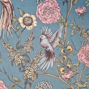 Fabric Cotton &quot;Secret Garden&quot; Denim Blue Pastel Digital Print Linen Look