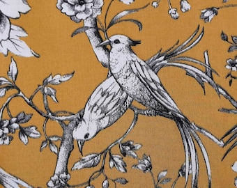 Tissu coton « Fauvette » Toile de Jouy oiseaux safran