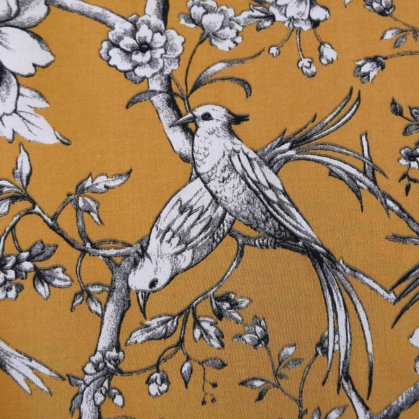 Tissu coton « Fauvette » Toile de Jouy oiseaux safran