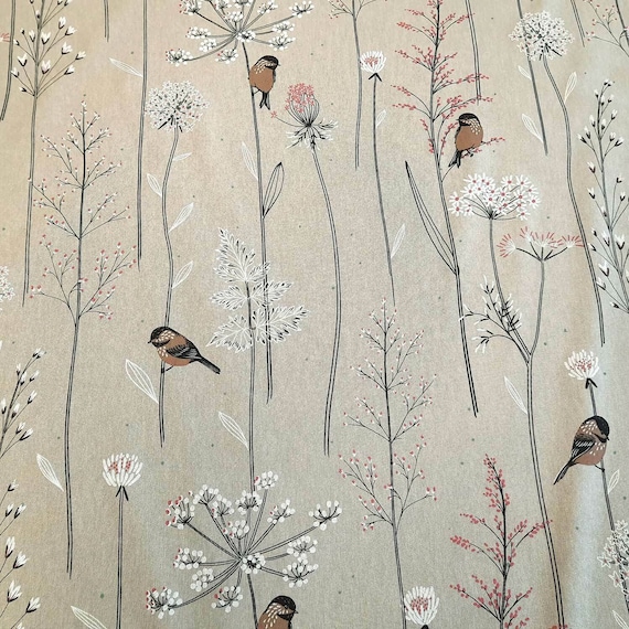 Stoff Meterware Baumwolle pflegeleicht natur Vögel braun Blumen