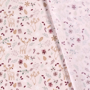 Fabric by the meter cotton pink deer branches gifts gold burgundy sage mint Christmas 0.5 m