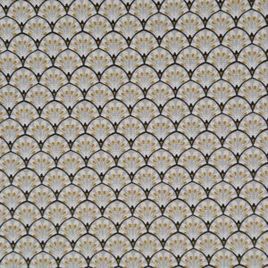 May include: Close-up of a fabric with a repeating pattern. The design features a series of fan-shaped elements in white, gold, and black, creating a textured, layered effect. The fabric has a linen-like appearance.