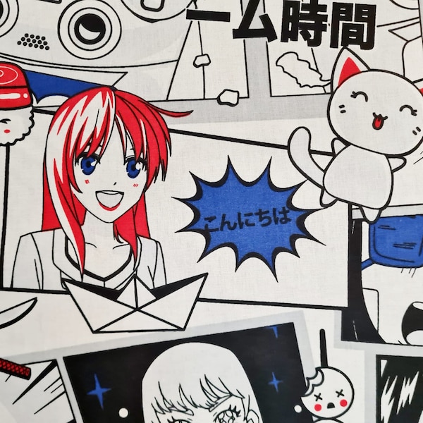 Tissu au mètre coton "K-Pop" Anime Manga noir blanc bleu rouge