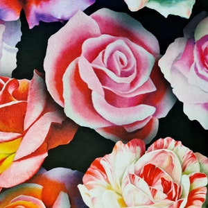 Fabric Cotton &quot;Roses&quot; black colorful digital print linen look