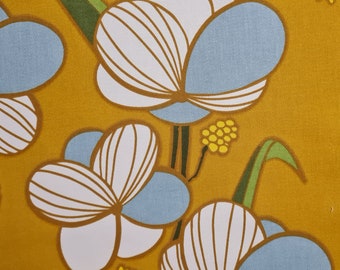 Fabric cotton satin "Iphigenia" moutarde flowers Camelien light blue