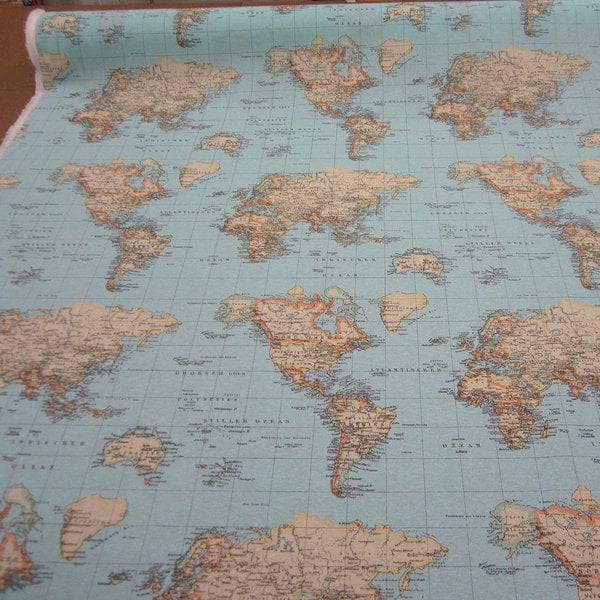 Tissu carte mappemonde bleu terre continent