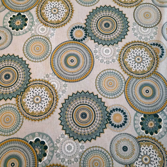 Stoff Meterware Baumwolle pflegeleicht Mandala mint petrol gelb Kreise bunt  Deko