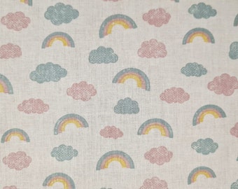 Stoff Baumwollstoff weiss bunt pastell pastell Stempel Regenbogen+ Wolken