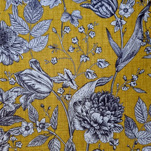 Tissu coton "Ghislaine" laiton jaune fleurs Victorien btaun écru aspect lin