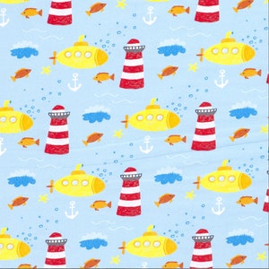 Fabric by the meter cotton jersey light blue lighthouse submarine