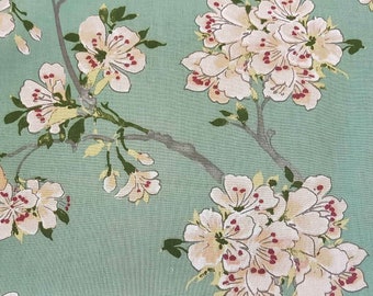 Fabric by the meter, cotton, jade green, apple blossoms, plum blossoms