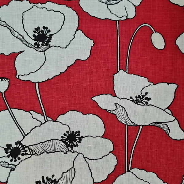 Tissu coton « Pavot » coquelicots rouge blanc noir lin look