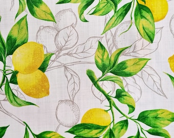 Fabric Cotton "Citron" lemons white yellow green linen look