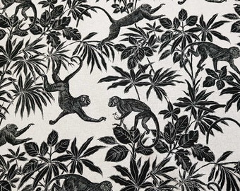 Tessuto di cotone al metro, tessuto decorativo naturale nero con motivo giungla di scimmie dalla Francia
