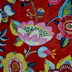 Fabric cotton coated &quot;Encanto&quot; red colorful flowers oilcloth