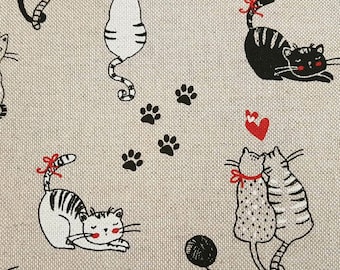 Stoff Meterware Baumwolle pflegeleicht natur Katzen schwarz weiß Dekostoff