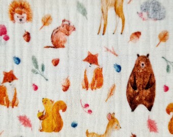Fabric by the meter Cotton Muslin white colorful forest animals Diaper cloth