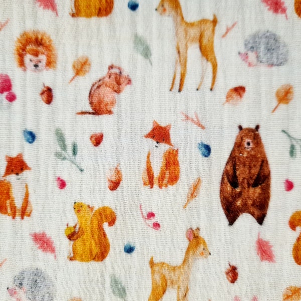 Fabric by the meter Cotton Muslin white colorful forest animals Diaper cloth