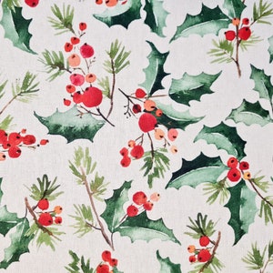 Fabric Cotton &quot;Holly&quot; ecru green red digital print linen look Christmas 0.5 m