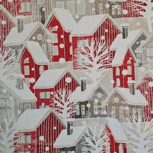 Fabric Cotton &quot;Let It Snow&quot; Houses red natural white digital print linen look Christmas 0.5 m
