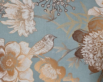 Fabric cotton "Palazzo" flowers birds sage brass digital print linen look