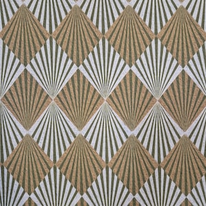 May include: A repeating pattern of brown and green geometric shapes with a white background. The shapes are diamond-shaped with a fan-like design inside.