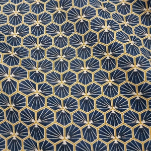 Cotton fabric by the meter, indigo dark blue, honeycomb, floral, hexagonal, decorative fabric, 0.5