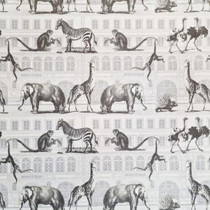 Fabric Satin Decorative Fabric &quot;Haussmann&quot; grey white houses and animals