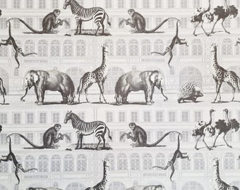 Fabric satin decorative fabric "Haussmann" gray white houses and animals