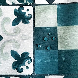Fabric by the meter coated petrol green white tiles oilcloth tablecloth