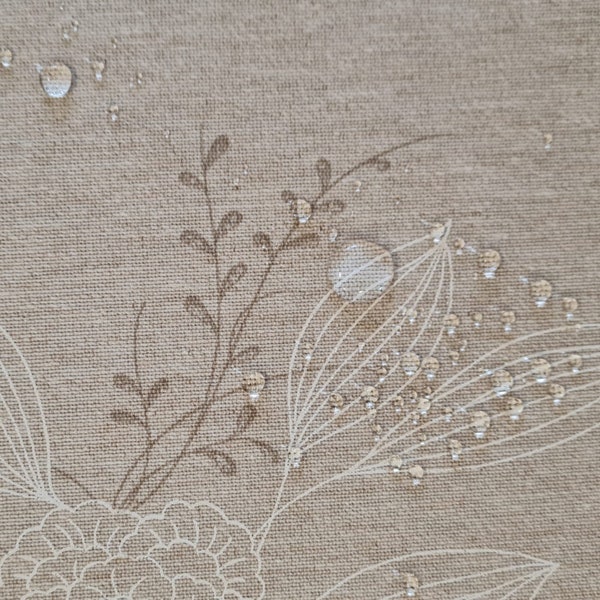 Fabric by the meter coated "Japondi" beige taupe flowers tendrils oilcloth tablecloth