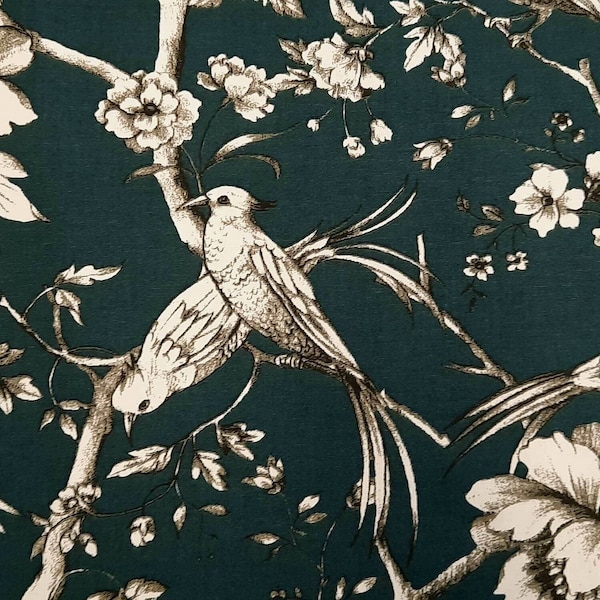 Stof katoen "Fauvette" Toile de Jouy vogels benzine