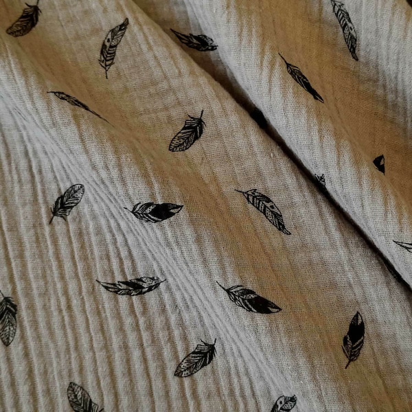 Fabric cotton feathers taupe black muslin mull cloth