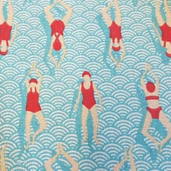 Tissu coton enduit flotteur piscine vagues art déco