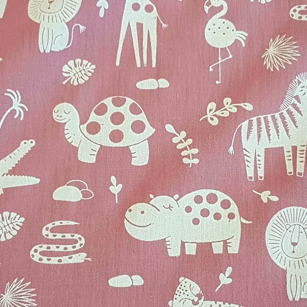 Fabric Meterware Cotton Berry Dark Pink Animals Giraffe Hippo Popeline Dress Fabric