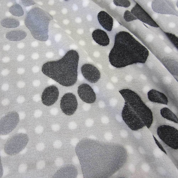 Stoff Meterware Softplüsch grau schwarz Tatzen Pfote Punkte