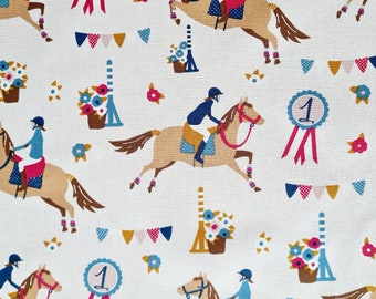 Cotton fabric "Jumping Multi" horse rider ecru