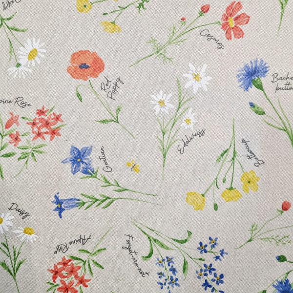 Fabric sold by the meter coated "Summer Flowers" natural linen look oilcloth