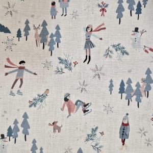 May include: Winter-themed fabric featuring a repeating pattern of figures ice skating, walking, and playing in the snow. The design includes snowflakes, trees, deer, and a snowman, all in soft blue, red, and brown tones on a neutral background.