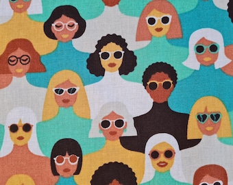 Fabric by the meter cotton fabric "Diversity" celadon retro people sunglasses