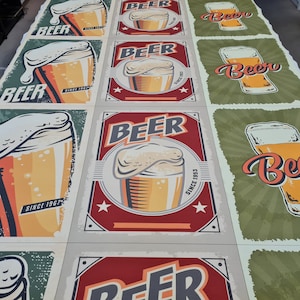 May include: A series of beer-themed posters. Each poster displays a pint of beer with a frothy head and the word "BEER" in large letters. Some posters include the text "SINCE 1967" or "SINCE 1953". The colour scheme includes shades of yellow, red, and green.