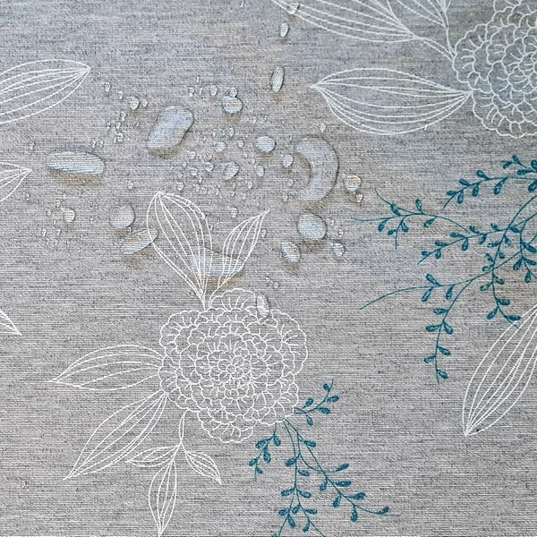 Tissu par le mètre enduit « Japondi » gris clair fleurs d’essence vrilles nappe toile cirée nappe
