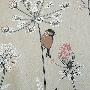 Fabric by the meter cotton easy-care natural birds brown flowers meadow decorative fabric