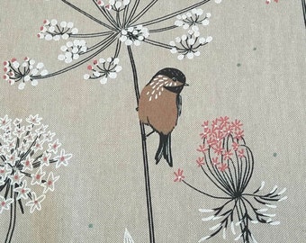 Fabric by the meter cotton easy-care natural birds brown flowers meadow decorative fabric