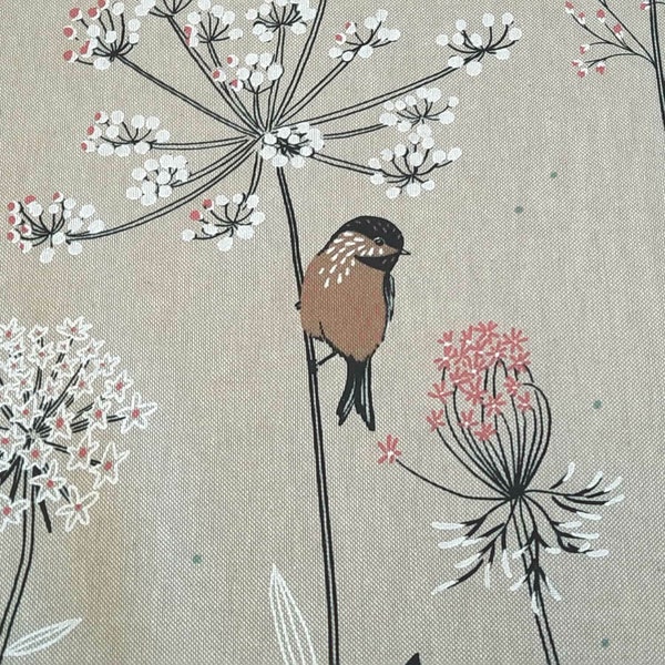 Fabric by the meter cotton easy-care natural birds brown flowers meadow decorative fabric