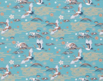 Fabric cotton poplin "crane" aqua dress fabric decorative fabric