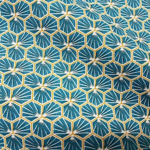 Fabric Cotton Sold by the Meter petrol canard honeycomb flowers blossoms hexagon decorative fabric